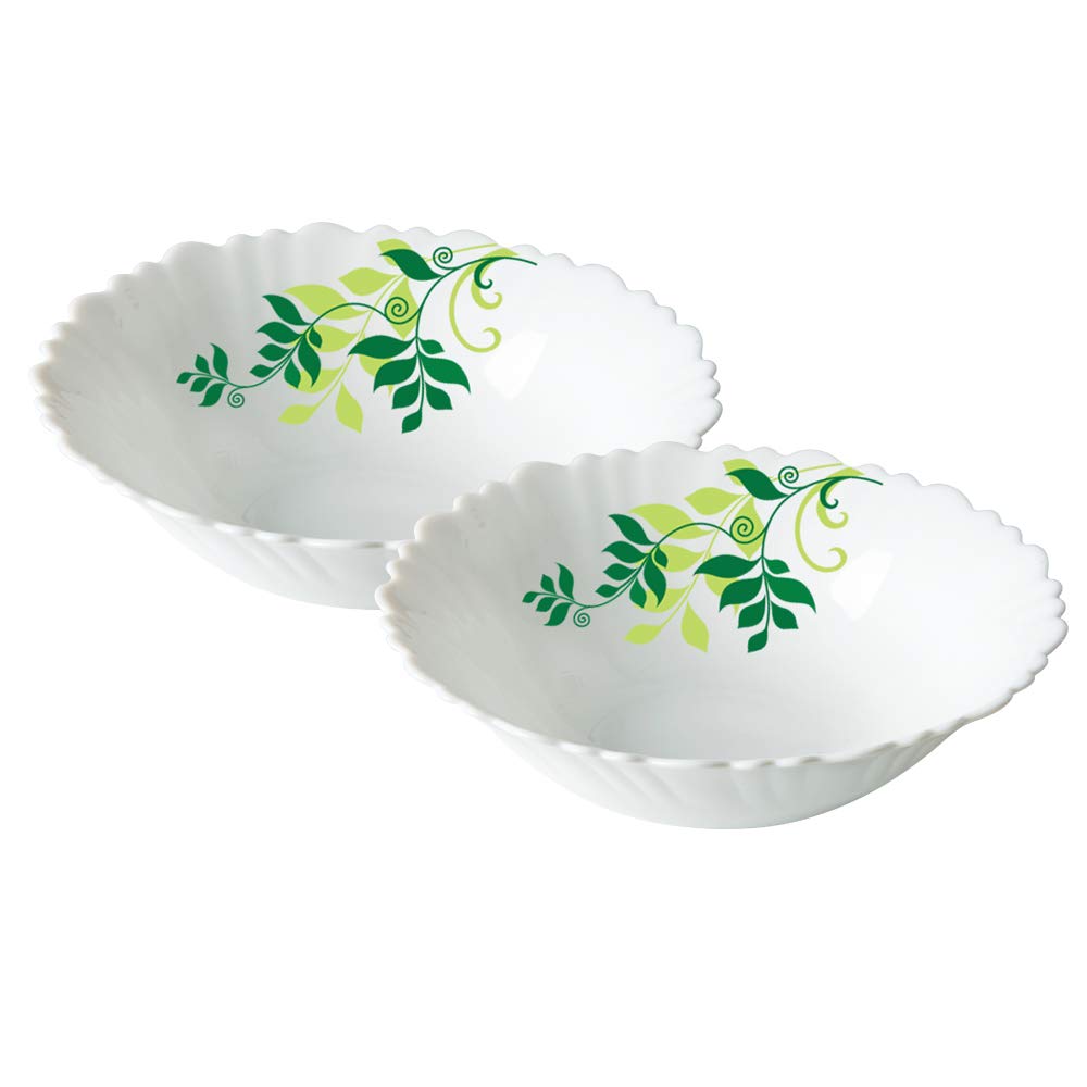 Larah By Borosil Fern Opalware 2 Pc Multipurpose Bowl Set | 500 Ml Each | Microwave & Dishwasher Safe, Bone-Ash Free | Crockery 
