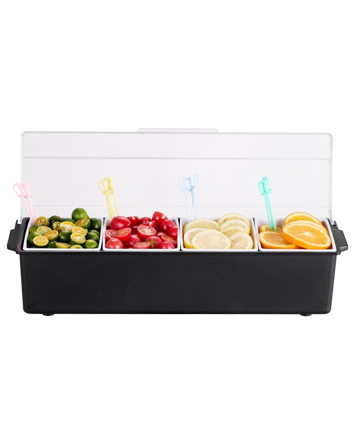 VEVOR Chilled Condiment Server, 4 Compartment Ice Cooled Condiment Serving Container, Chilled Garnish Tray Bar Caddy with Lid, f