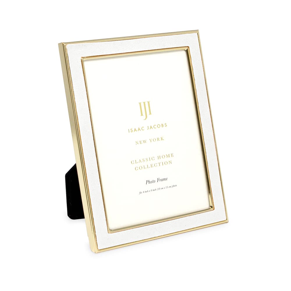 Isaac Jacobs 4x6 White Leather with Gold Metal (Vertical & Horizontal) Picture Frame, Suede Border w/Black Fabric Easel, Wall-Mo