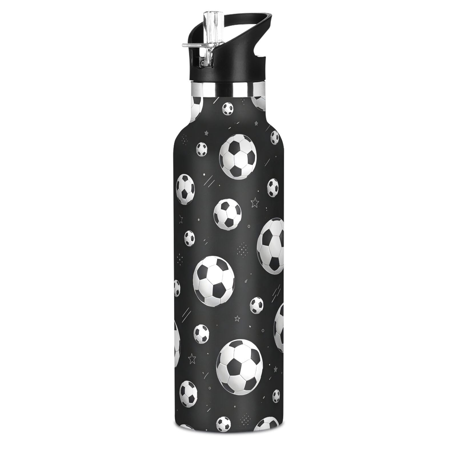Dark Soccer Pattern Sports Water Bottle with Straw Lid Boys Girls Vacuum Insulated Water Flask Leakproof Stainless Steel School 