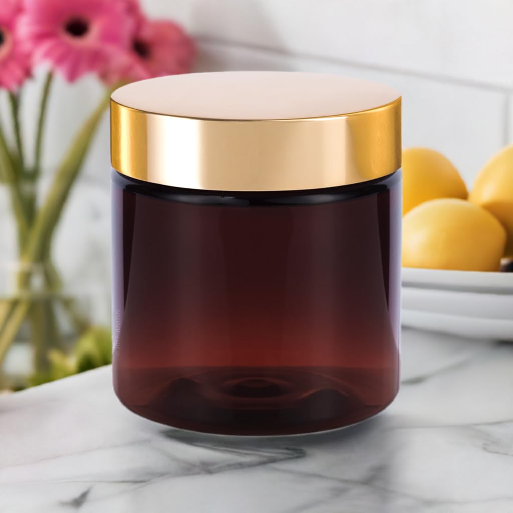 (12 Pack) 6 Oz Amber Pet Plastic Jar With Gold Metal Overshell Lid