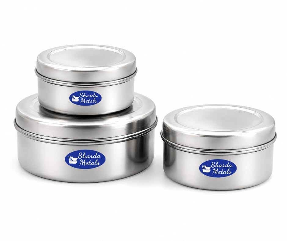 Sharda Metals Set Of 3 Stainless Steel Food Storage Containers Box Puri Dabbas Canisters Kitchen Utensils
