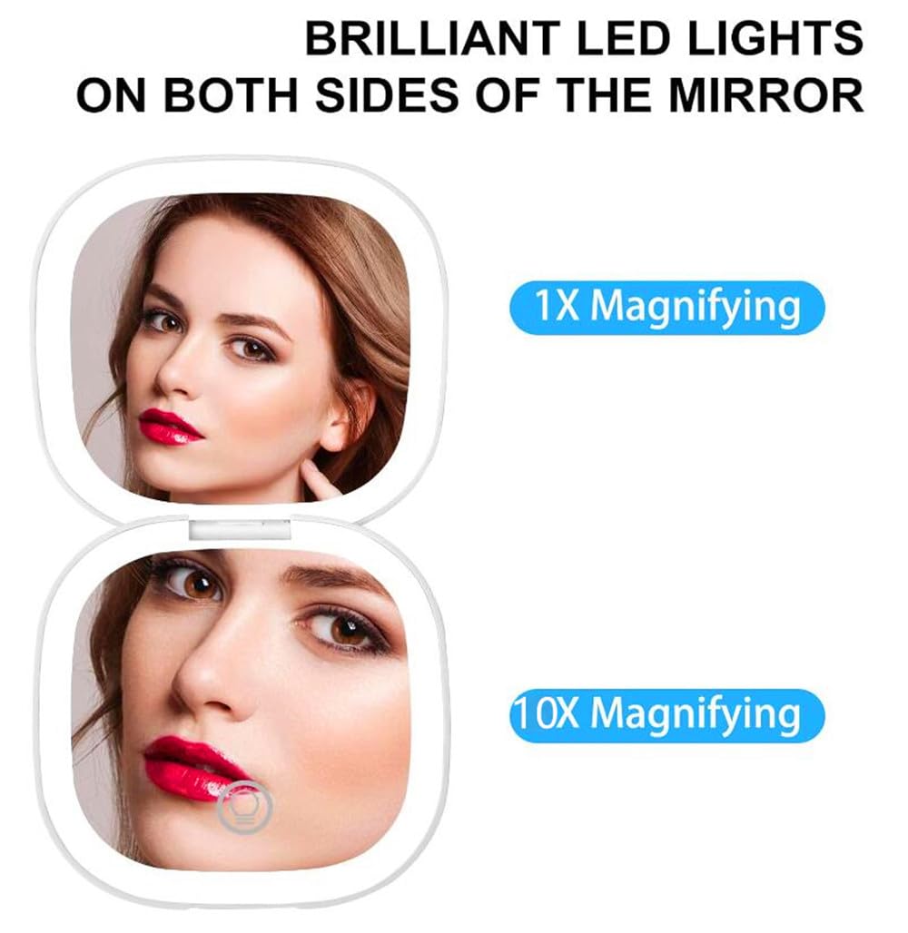 Mpowtech Led Compact Mirror With Light - 3.9 Inches Lighted Travel Makeup Mirror With 1X/10X Magnifying Double Sided Dimmable Us