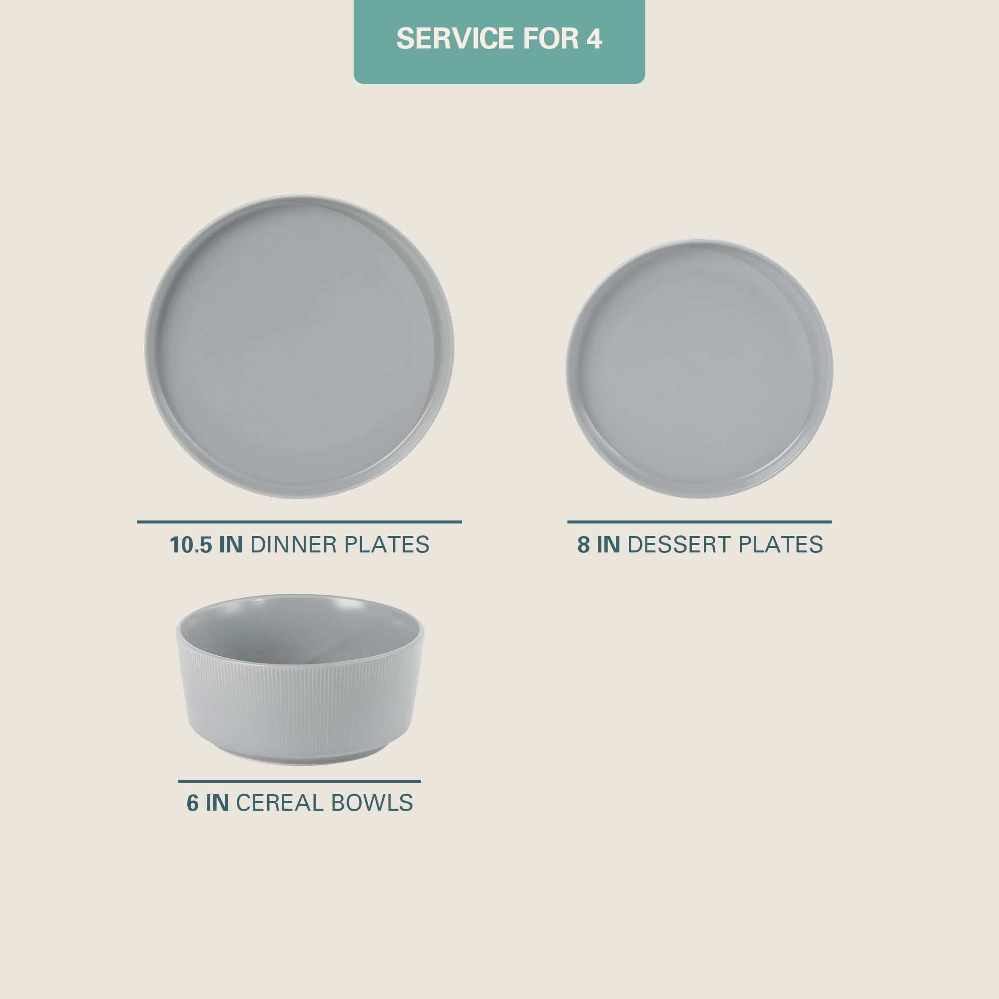 Gibson Home Dempsey Road 12-Piece Stoneware Dinnerware Set - Service for 4, Round Grey Plates and Bowls, Durable Solid Color Mod