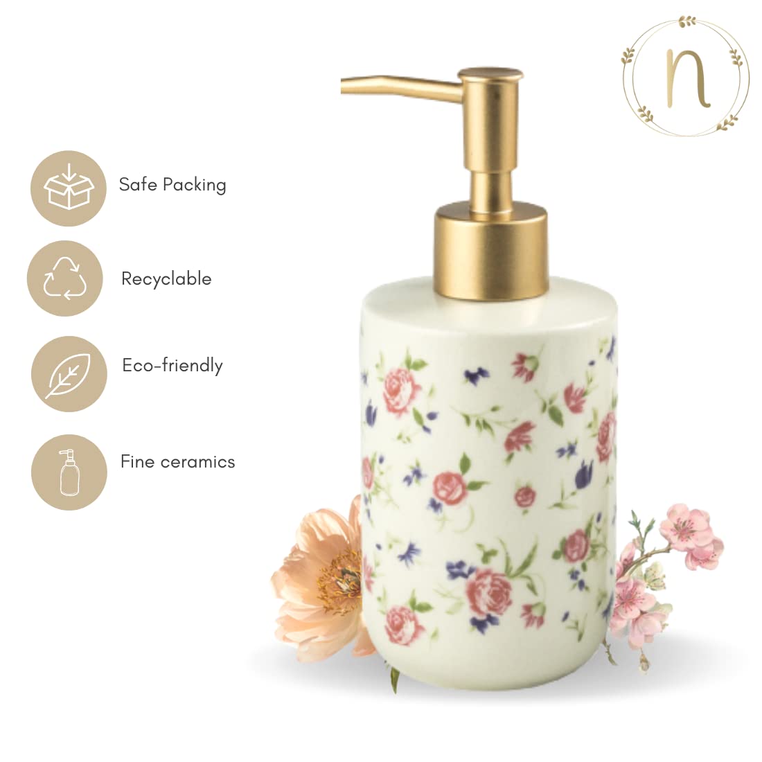Nestasia Durable Floral Ceramic Liquid Dispenser for Kitchen | Handwash Bottle for Wash Basin | Shampoo Dispenser for Bathroom |