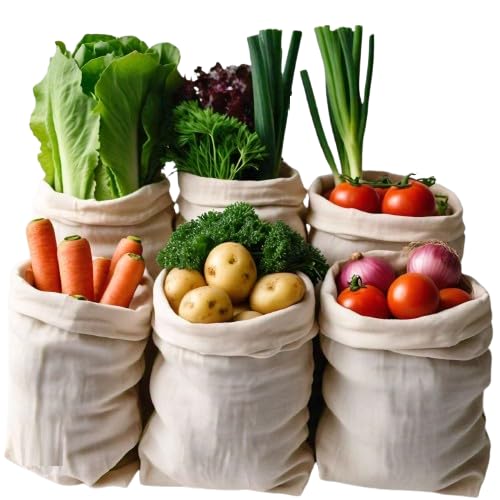 Wud 6 Muslin Cotton Cloth Bags For Vegetables, For Storing Vegetables In Fridge, Size 11 X 9.5 Inch.