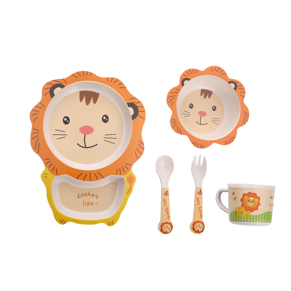 Fekdod Kids Dinnerware Set Bamboo 5 Pcs with Plate Bowl Cup Fork Spoon (Lion)