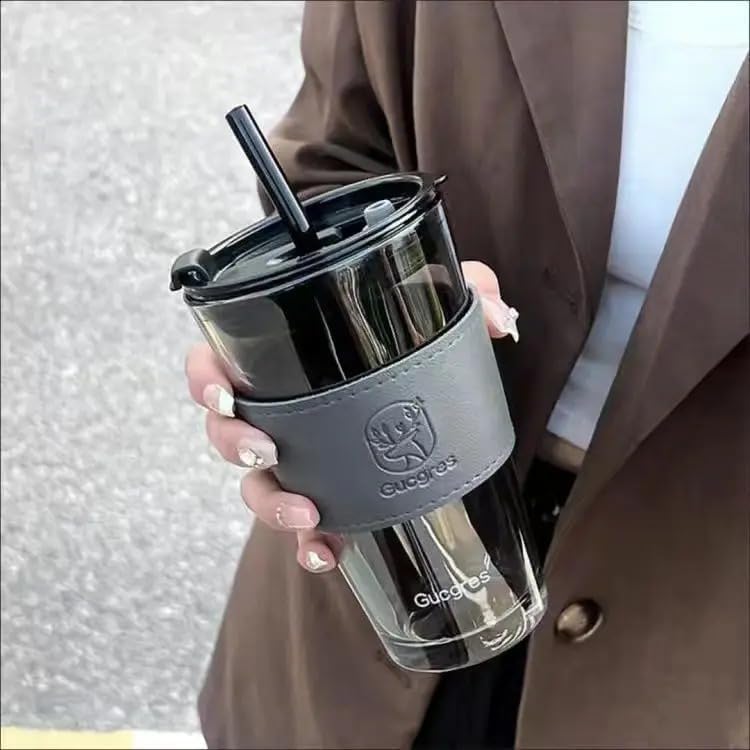 Kamvy Reusable Glass Coffee Sipper Mugs With Lid & Straw Pack Of 1, 400Ml Multipurpose Drinking Glasses Tumbler With Leather Sle