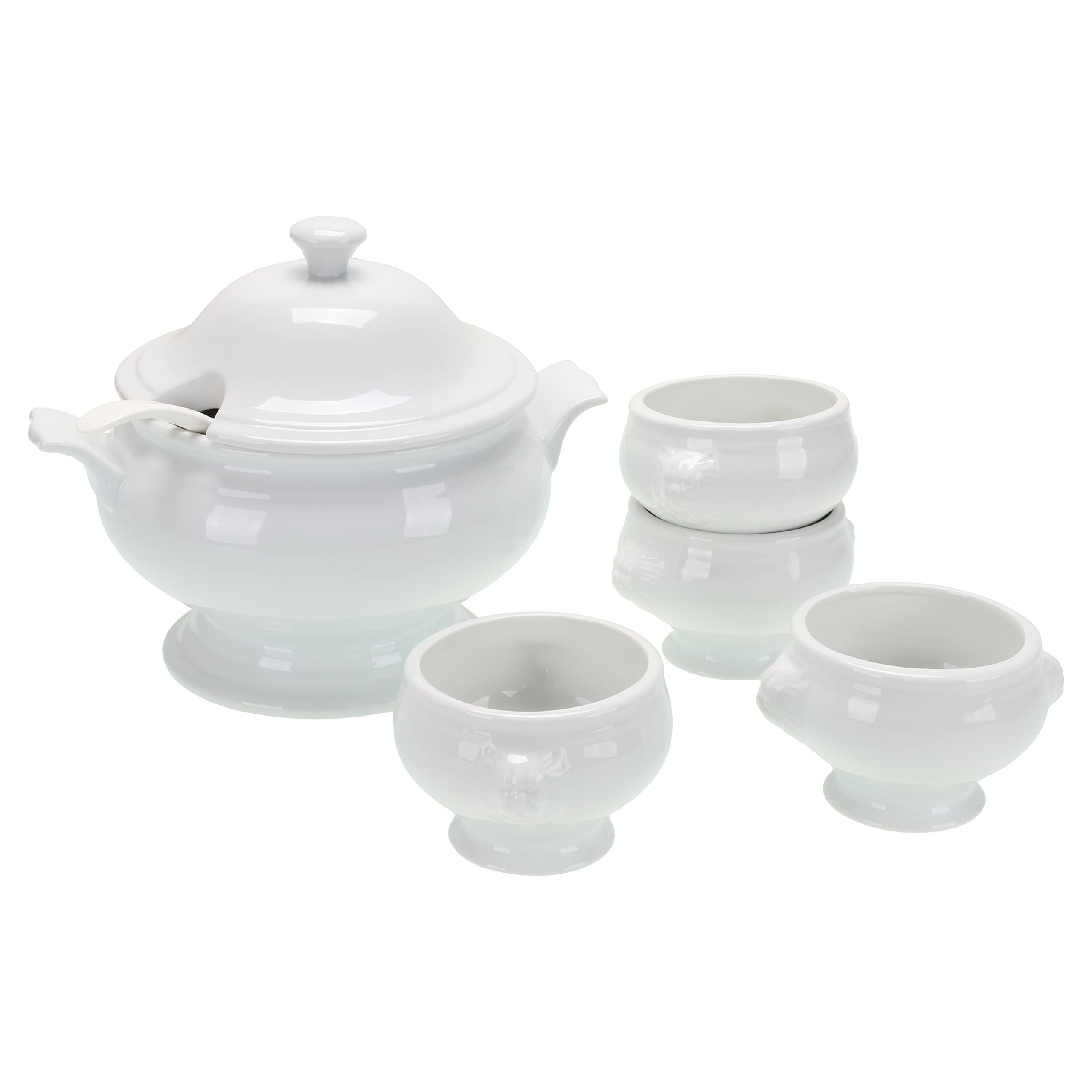 BIA Cordon Bleu Everyday Porcelain Classic Soup Tureen, Ladle & 4(14 oz) Lions Head Bowls, White