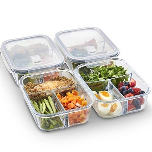 Heyol 3 Compartment Rectangular Glass Storage Bowl With Clamp Plastic Multicolour Lid (1000Ml),Clear