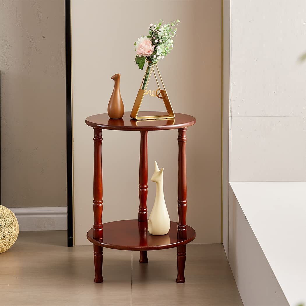 Device Bas With Brown Art Shoppee Round Side Table, 2Tier End Table For Small Spaces, Wooden Coffee Table With Wood Legs (Walnu