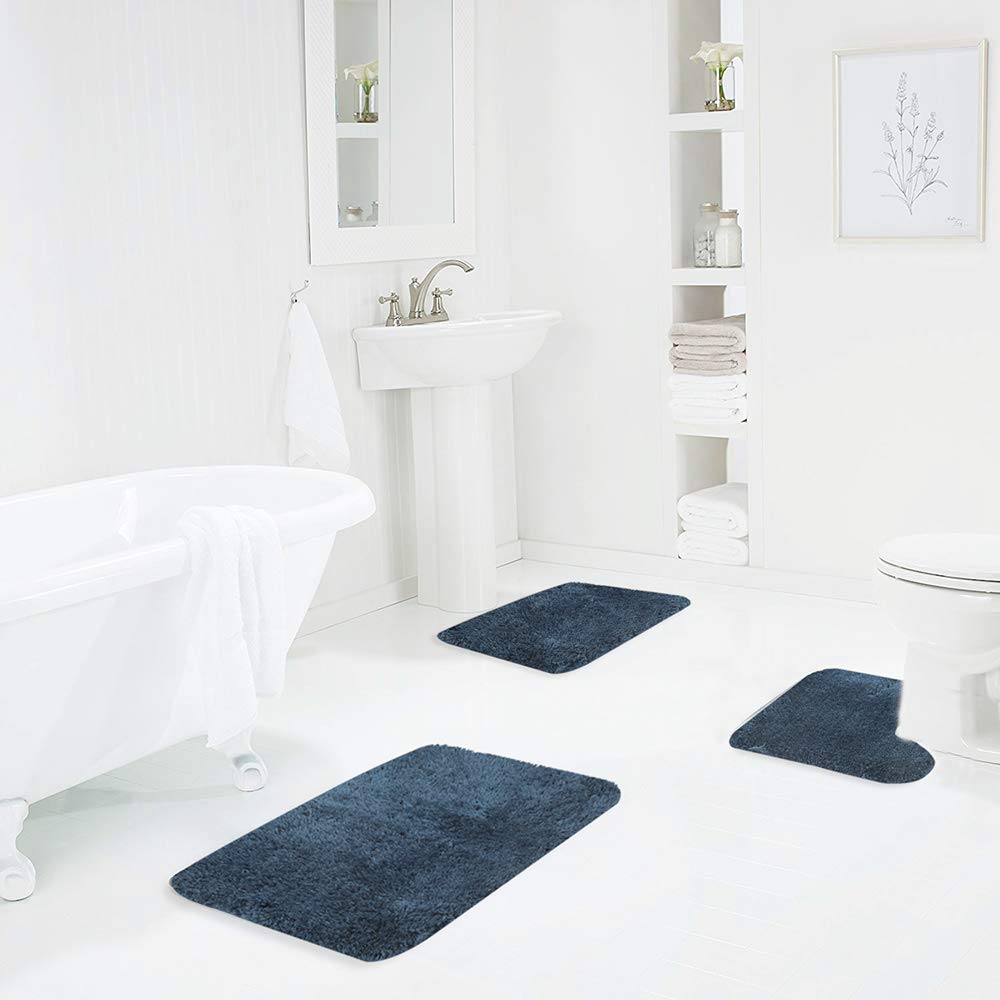 Walensee Bath Rug Set (Navy) - 2 Piece Shaggy U Shape Contour & Bathroom Rug - Absorbent, Non-Slip, Machine Washable, Heavy Weig
