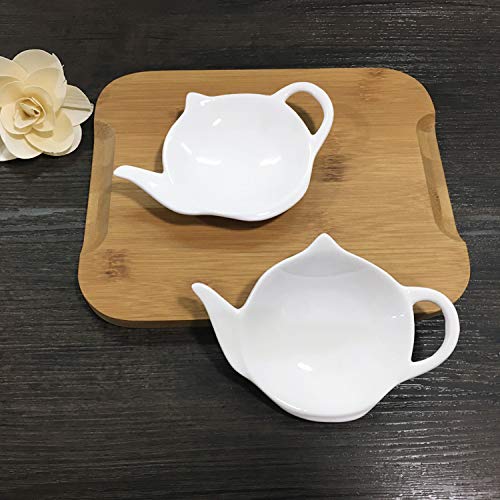 Sizikato 4Pcs Pure White Ceramic Tea Bag Holder Tea Bag Coasters Teapot-Shaped Dish Spoon Rests Snack Dish Seasoning Dish.