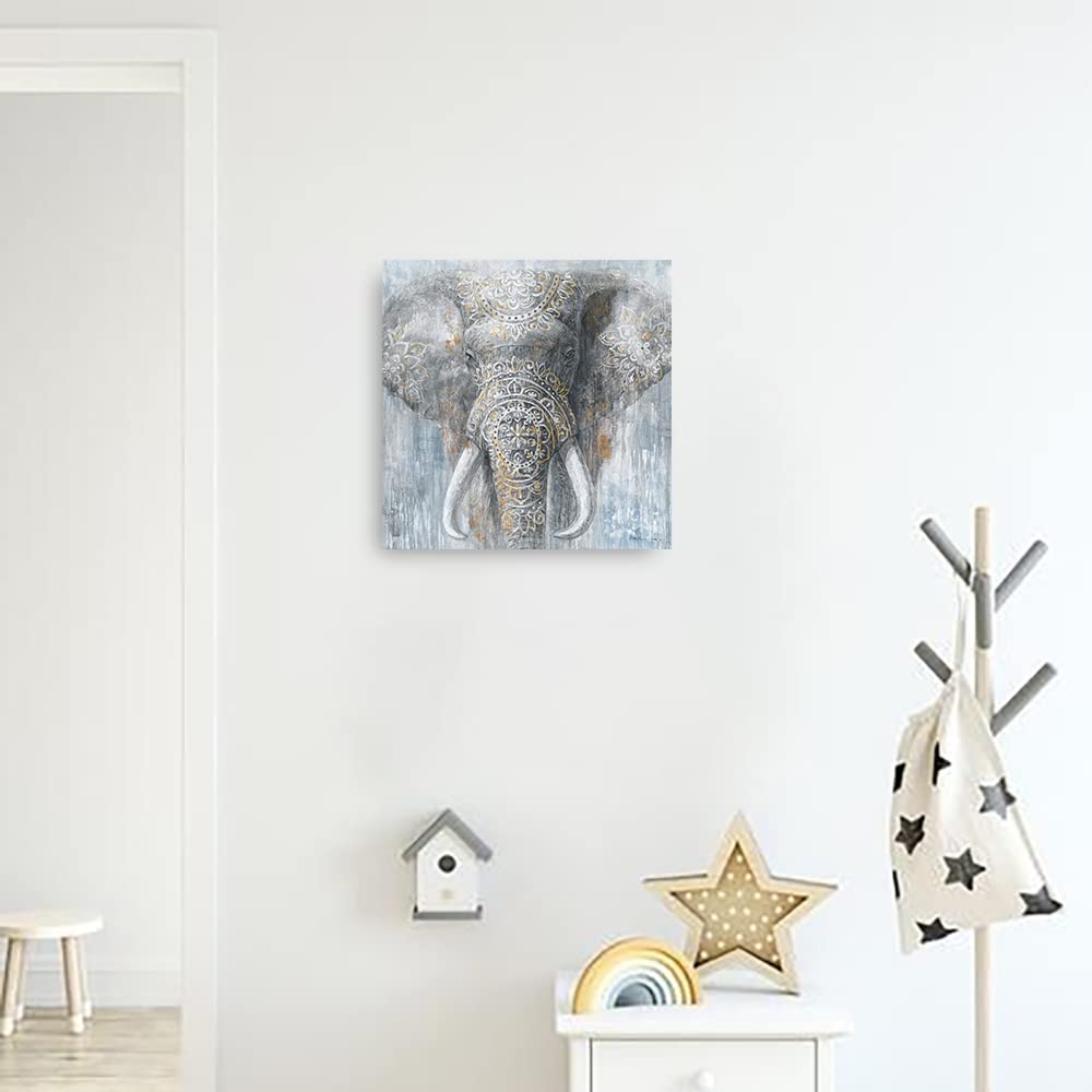 Yidepot Grey Blue Elephant Wall Decor - Wild Animals Canvas Elephants Print For Bedroom Framed Ready To Hang 12X12Inch