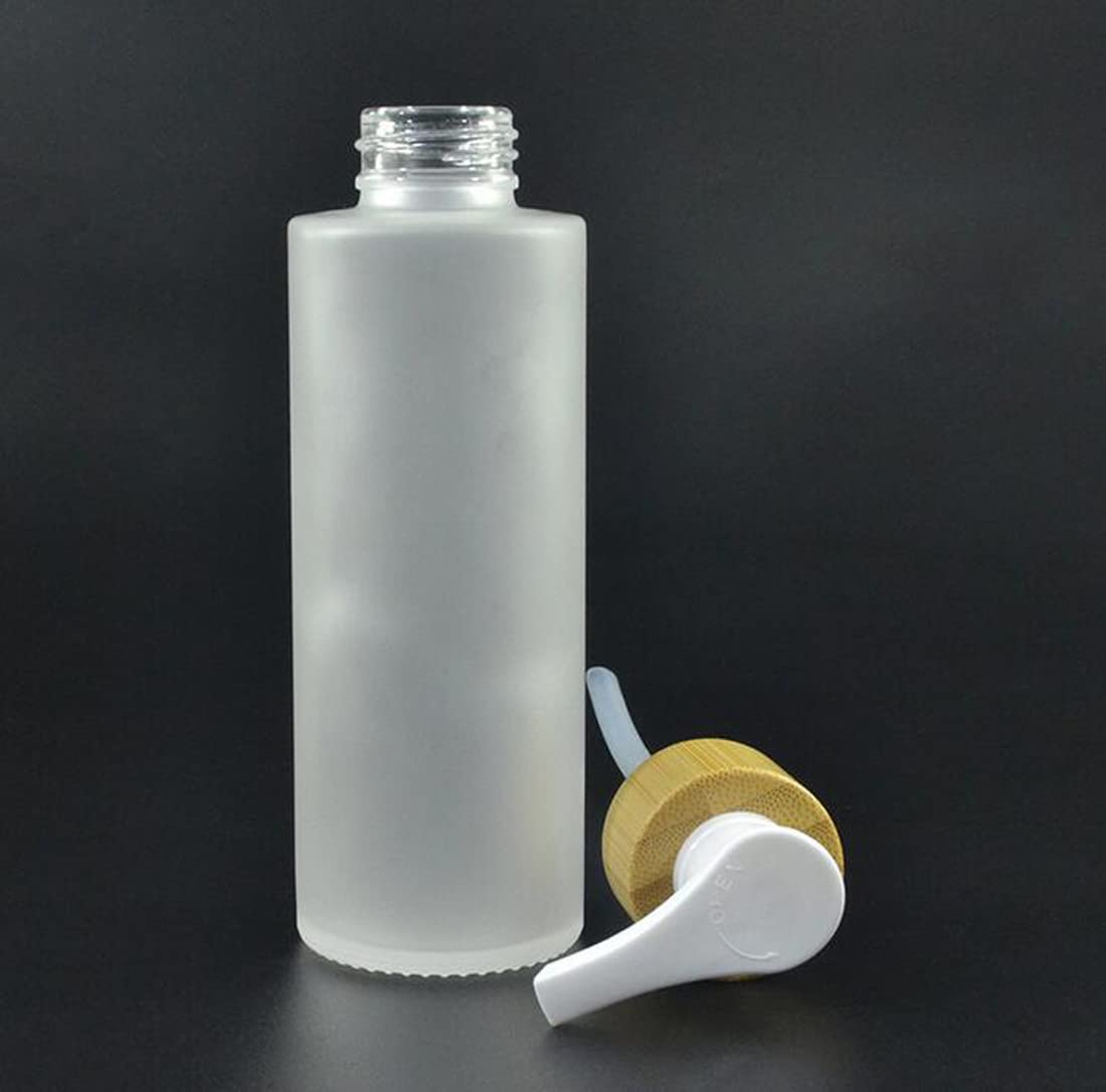 1Pcs 150Ml/5Oz Empty Refillable Frosted Glass Pump Bottles Container Holder Vials Pot Storage With Bamboo Screw Pump Head For Ba