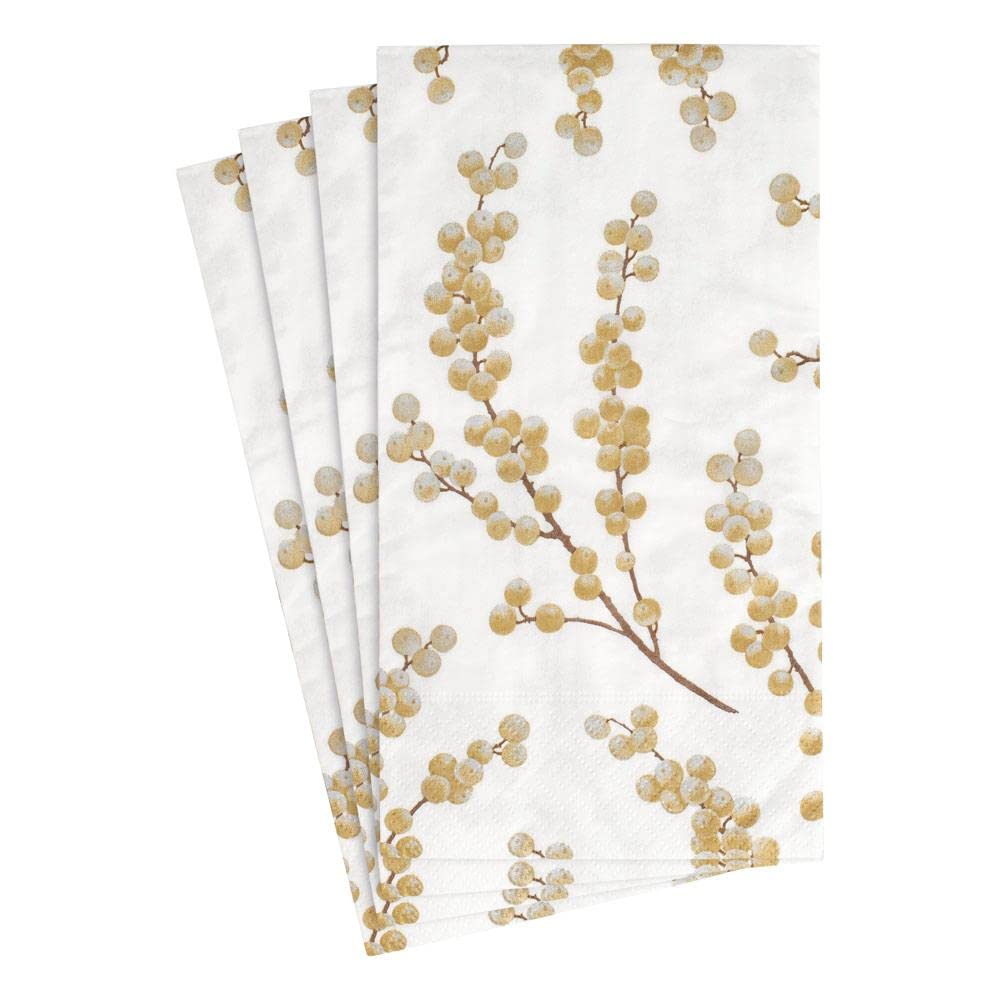 Caspari - Disposable Folded Bathroom Hand Towel, Berry Branches Paper Guest Towels, White And Gold, Pack Of 15, 5724G