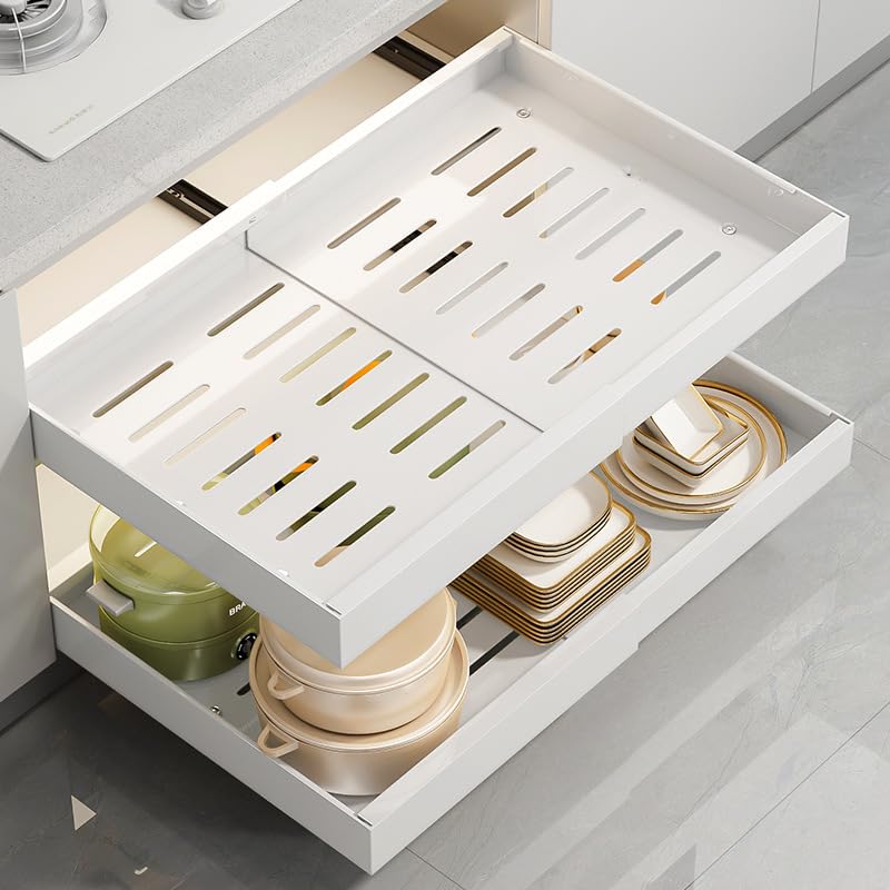 Pullout Cabinet Organizer, ExpandableHeavy Duty Slide out Drawers Fixed with Adhesive Nano Film for Pots, Roll out Shelf Storag