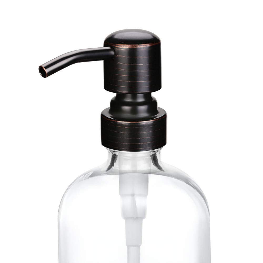 2 Pack Thick Clear Glass Boston Round Bottles /Oil Rubbed Bronze Stainless Steel Pumps, 16 Ounce Jar Soap Dispenser With Rustpro