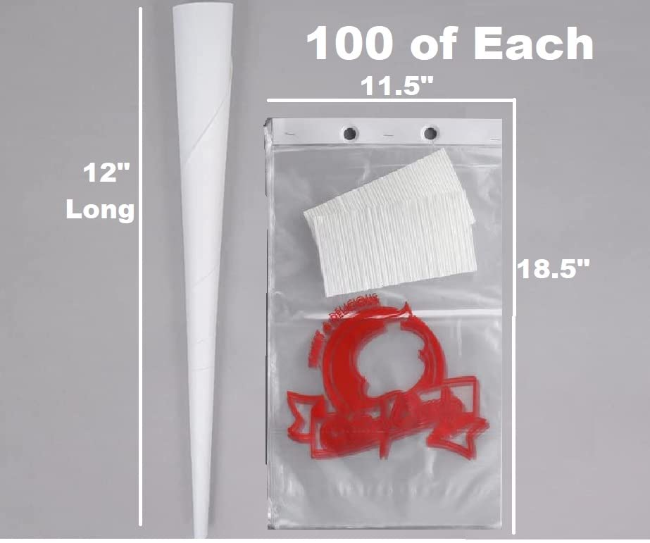 Oasis Supply 200 Pc Bundle, Heavy Duty White Cotton Candy Cones And Printed Cotton Candy Bags 100 Each, Cones And Bags