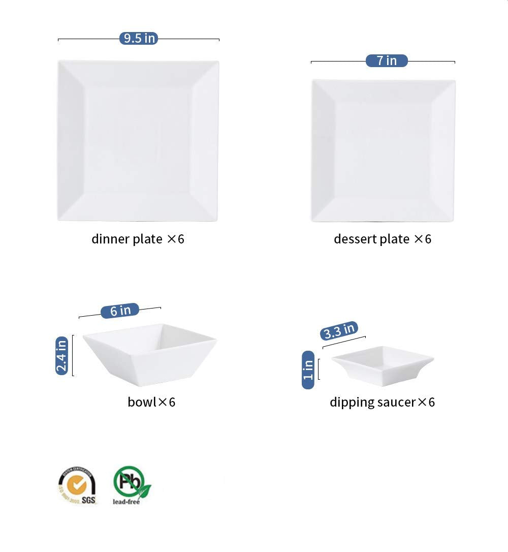 Porlien 24-Piece Classic Square Dinnerware Set for 6-Square Dinner Plates, Dessert Plates, Bowls & Dipping Saucers, Off White