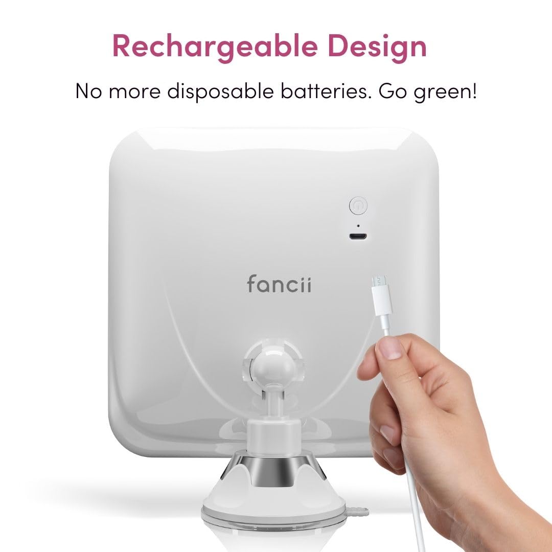 Fancii Rechargeable 10x Magnifying Mirror with 3 LED Light Settings  Dimmable Touch Light  cordless  Locking Suction Mount  Lighted Mirror for Bathroom or Travel (Mira 2)