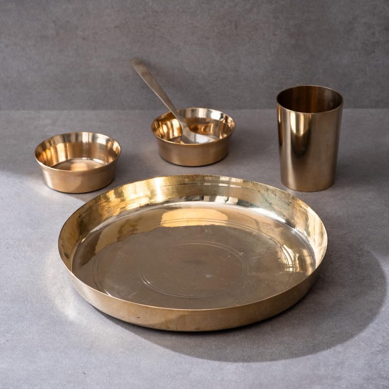 PTal Kansa Dinner Thali Set (Set Of 4)  20 Pieces (4Thalis, 8 Bowls, 4 Glasses, 4 Spoons)