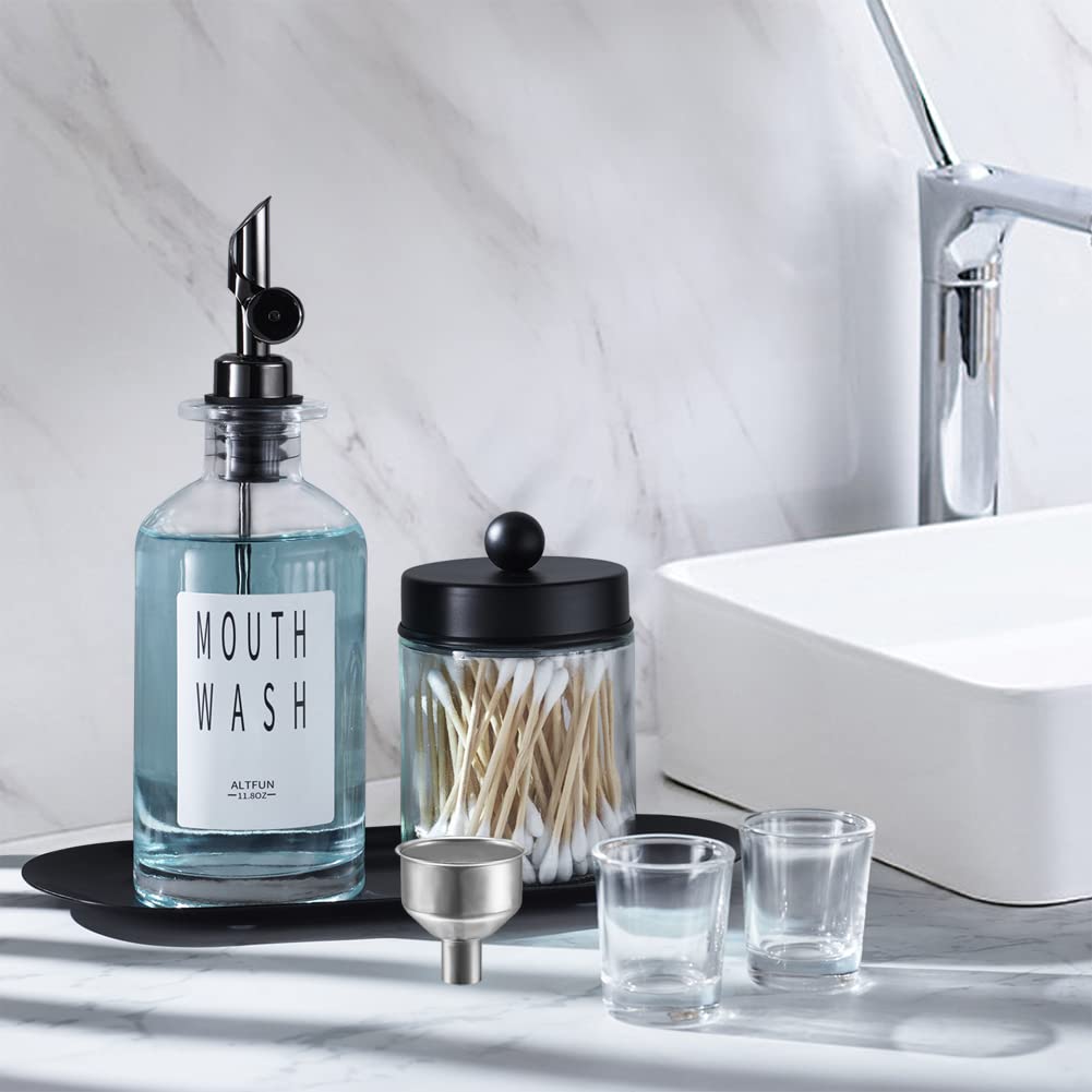 Altfun Glass Mouthwash Dispenser For Bathroom With Cups, Style Mouthwash Container Bottle With Qtip Holder,Glass Bottle 11.8Oz R