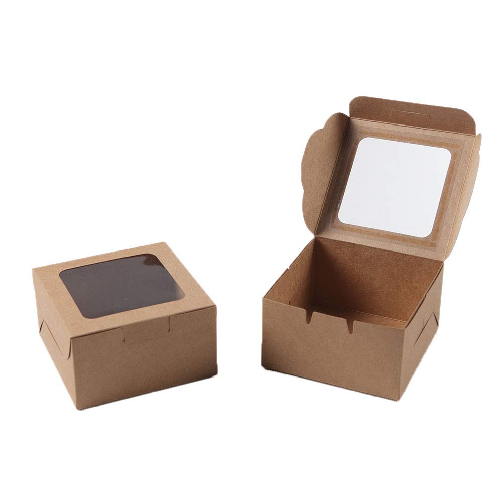 Bubbley Kraft Paper Bakery Boxes - 50-Pack Single Pastry Box 4-Inch, Packaging with Clear Display Window, Donut, Mini Cake, Pie 