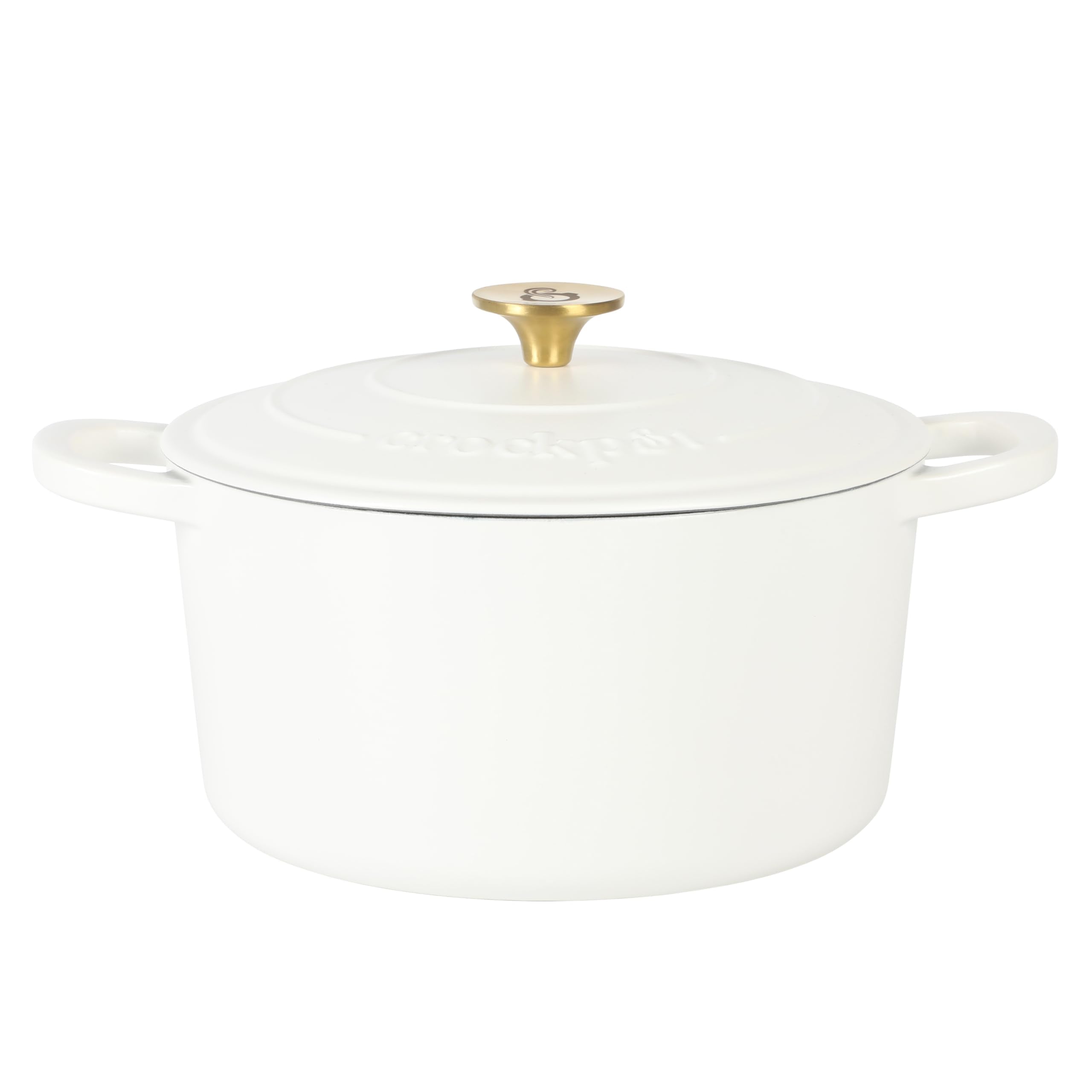 Crock Pot Artisan 6-Quart Round European Enameled Dutch Oven Pot With Lid - Matte Linen White W/Gold Knob