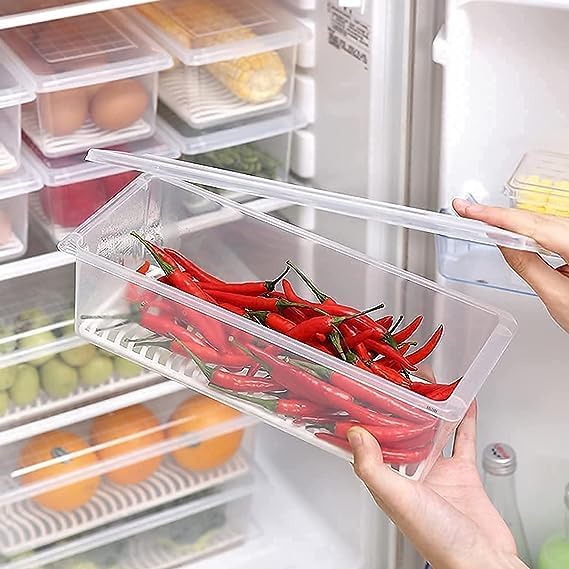 Popshy Fridge Storage Boxes 1500Ml (Set Of 6) | Containers With Removable Drain Tray | Organizer For Fruits Vegetables Meat Fish