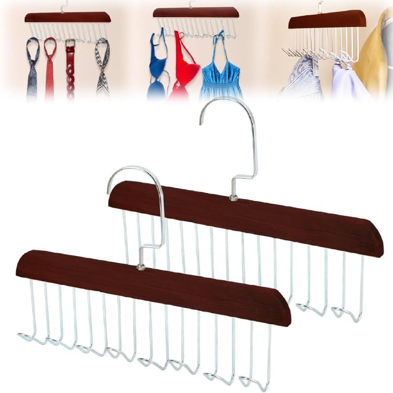 Barhary Wooden Tie And Belt Hanger With Metal Hooks, Wooden Hanger For Clothes Hanging Closet Organiser