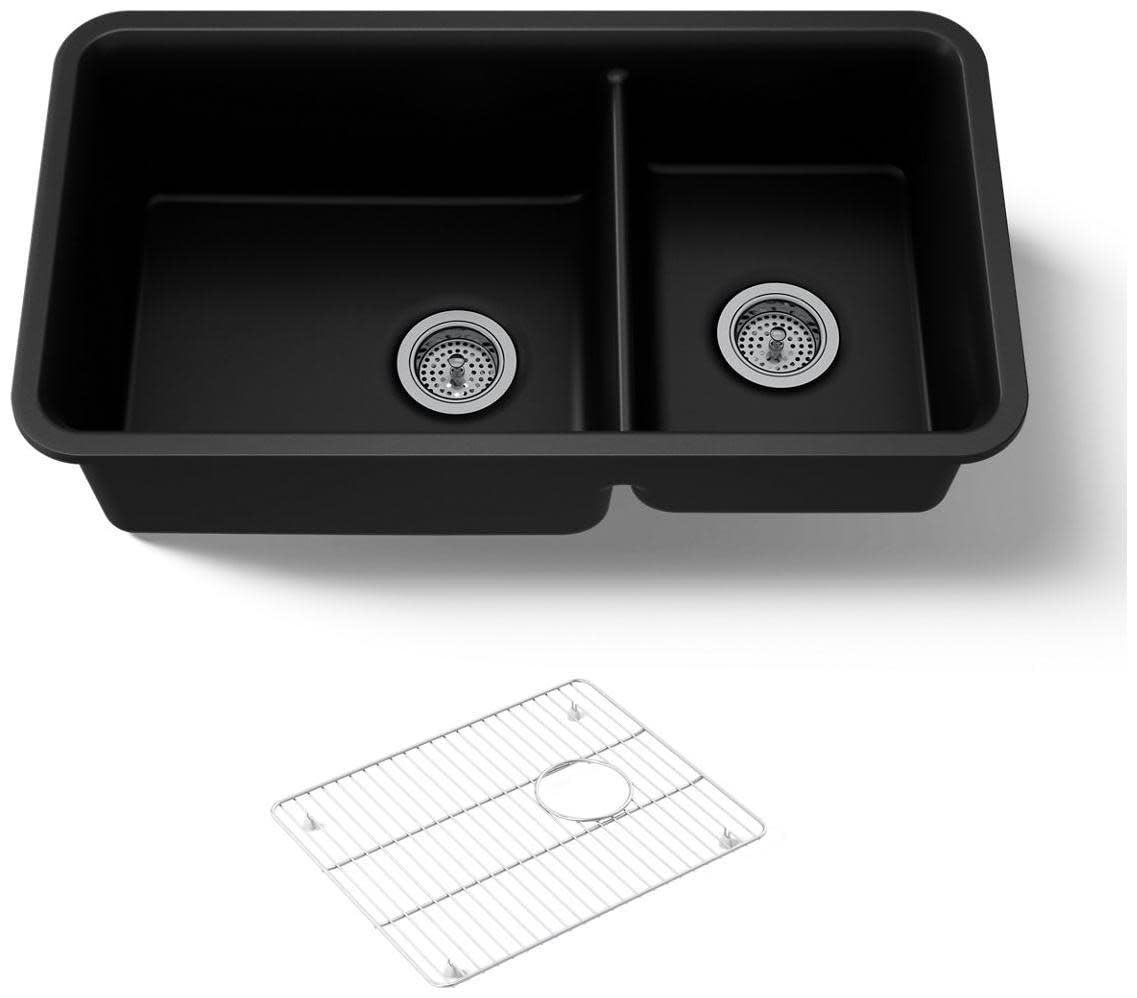 KOHLER K-8204-CM1 Cairn Sink, 33 Neoroc Composite Undermount Double-Bowl Kitchen Sink, Composite Kitchen Sink with Sink Rack, Ma