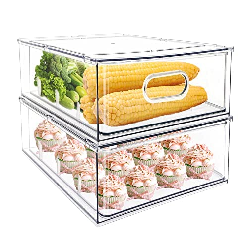 Minesign 2Pack Stackable Fridge Drawers Pull-Out Bins Divided Produce Saver Containers For Refrigerator Storage Organizers For V