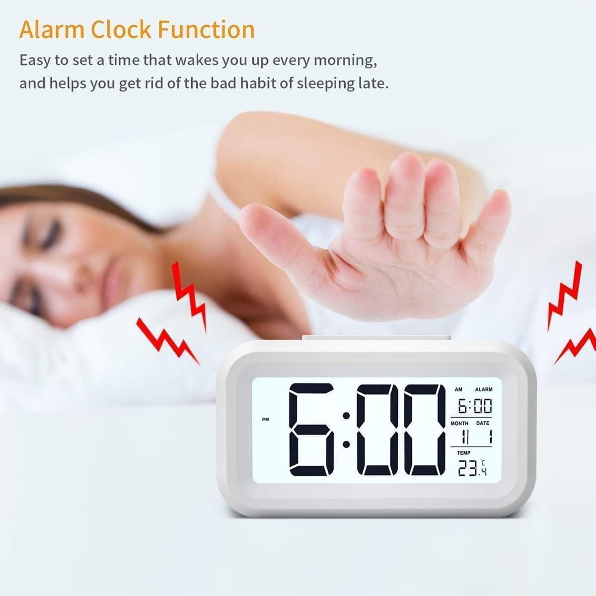 Aerys Digital Alarm Clock, Table Clock With Automatic Sensor, Date And Temperature Display, Compact Desk Clock For Students, Hom