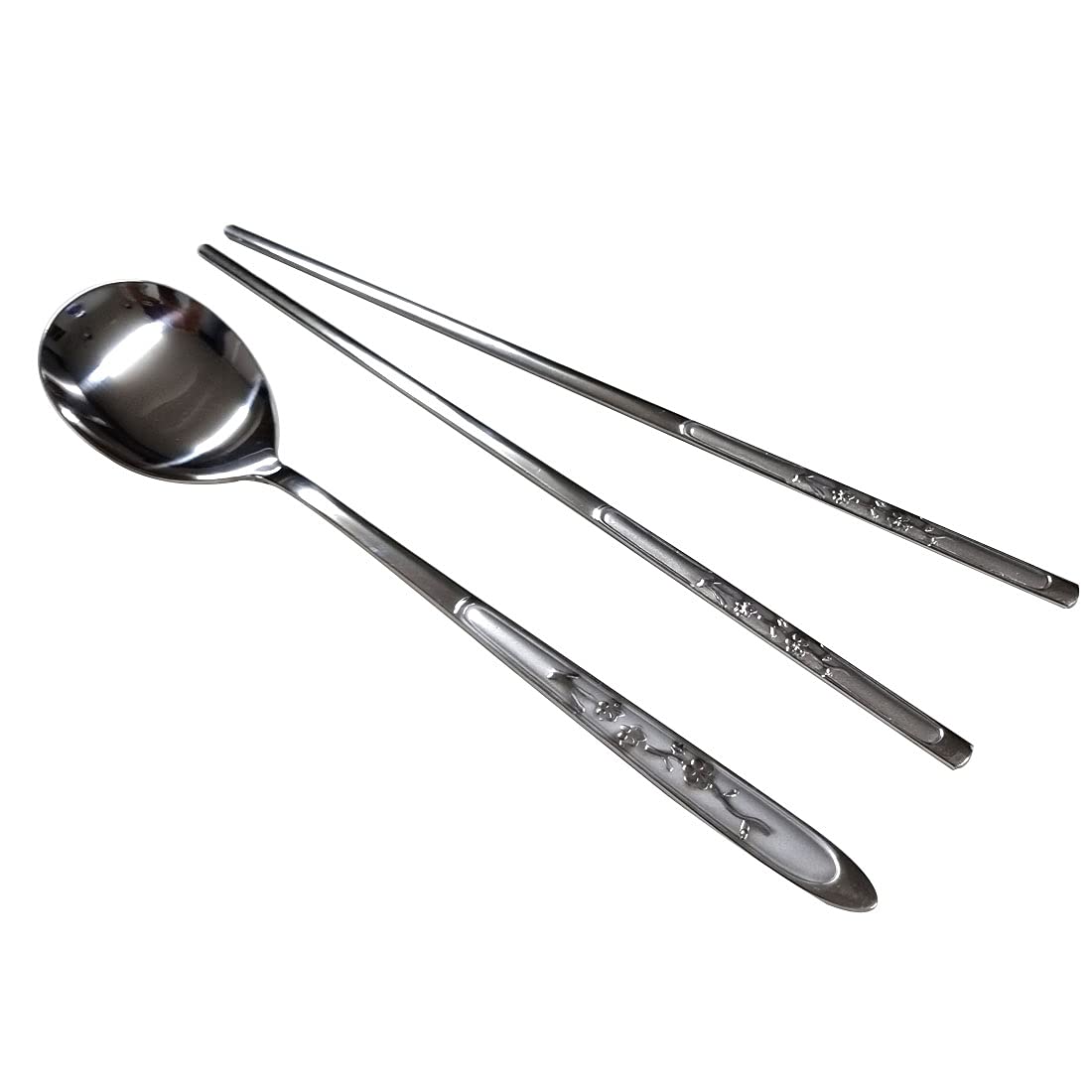 GARASANI Korean Traditional Cutlery Stainless Steel Spoons and Chopsticks Set (Silver Plum blossom)