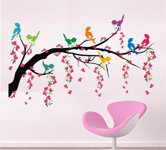 Heaven Decors Tree With Hanging Vine And Colorful Birds Nature Wall Sticker ( Ideal Size On Wall: 110 Cm X 60 Cm ) Multicolour