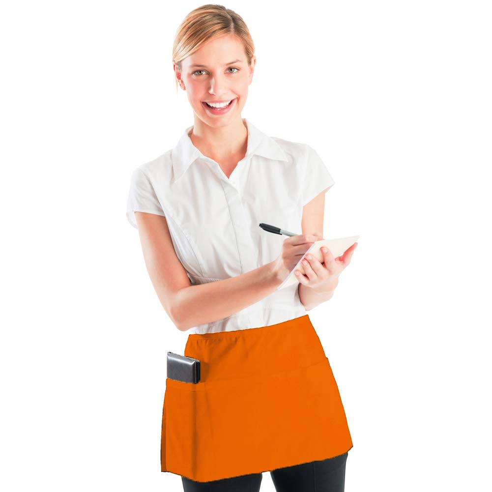 BOHARERS Waist Apron with 3 Pockets - Orange Waitress Waiter Server Short Apron