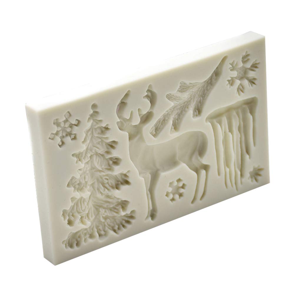 Tvoip 2Pcs Christmas Theme Silicone Mold Elk Snowflake Tree Deer Fondant Dessert Ice Cube Candy Chocolate Mold