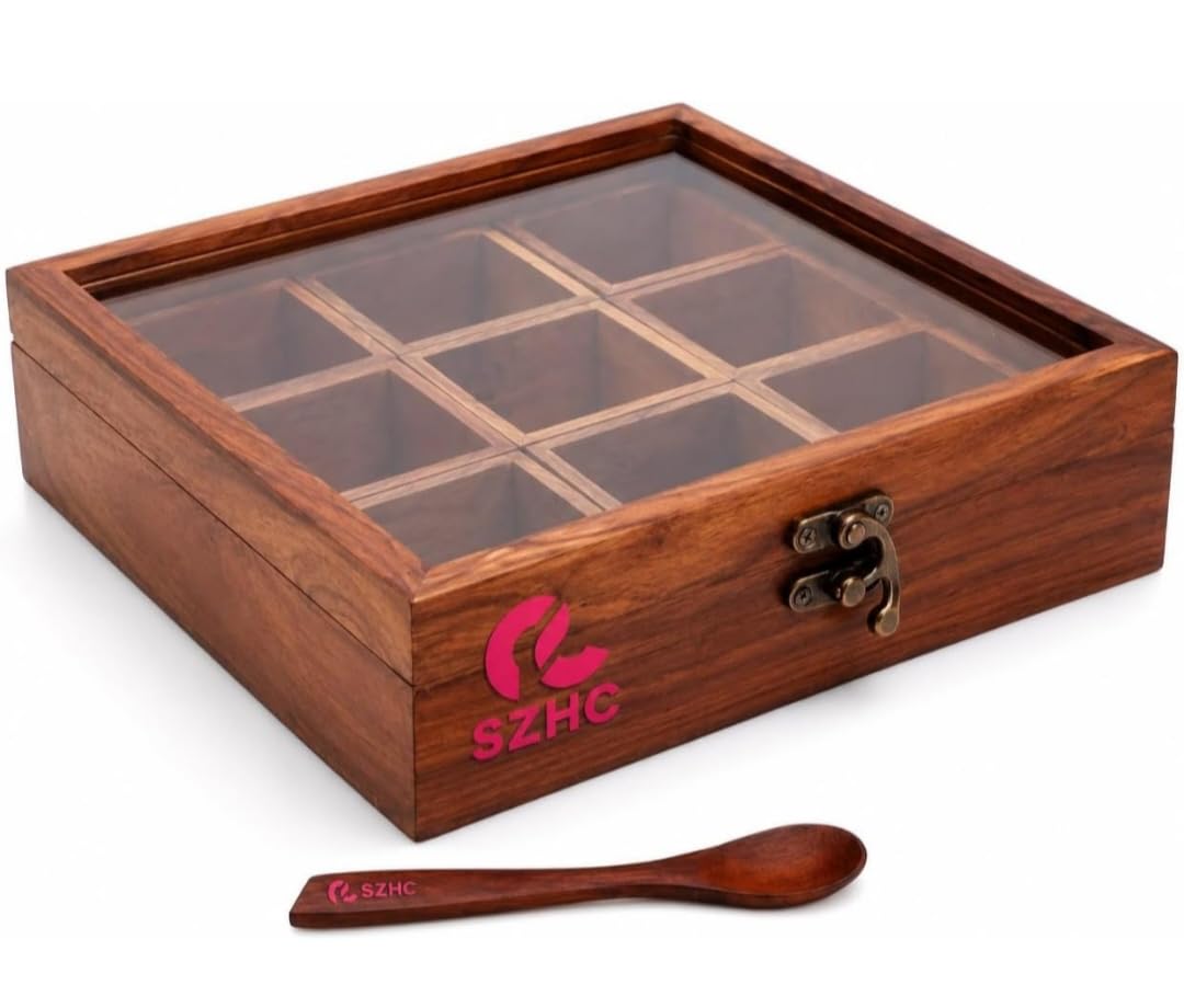 Delux Wood Carver Spice Box With 1 Spoon/Decorative Handmade Masala Dabba 9 Containers.Brown