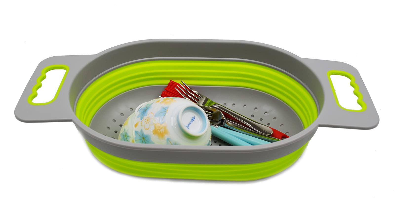 Sammart 5L (1.3 Gallon) Over The Sink Oval Colander (1, Grey/Fluorescent Green)