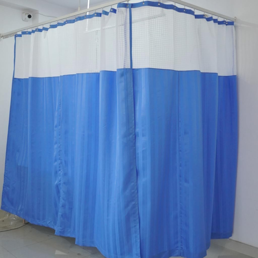 Om Blinds Hospital Grey Stripe Curtains With Square Net, Durable Partition For Icu & Wards, Privacy And Hygiene Solution (Blue, 