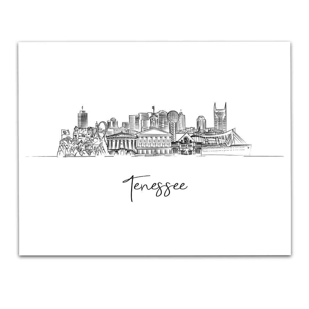 Tj Originals - Tennessee City Skyline Landscape Hand Illustrated Wall Art Decor - Unframed 11 X 14 Black & White Print - Anniver