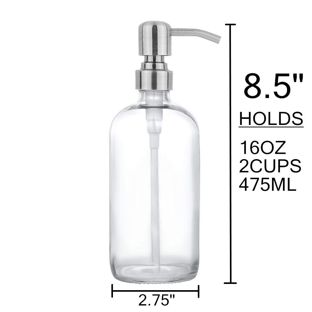 2 Pack Thick Clear Glass Pint Jar Soap Dispenser With Silver Stainless Steel Pump, 16Ounce Clear Boston Round Bottles Dispenser