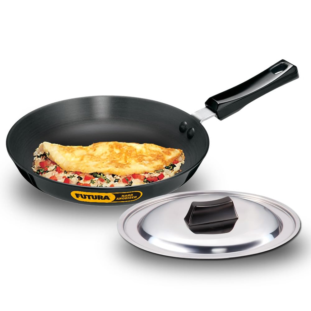 Hawkins Futura 24 Cm Frying Pan, Hard Anodised Fry Pan With Stainless Steel Lid, Black (Af24S)