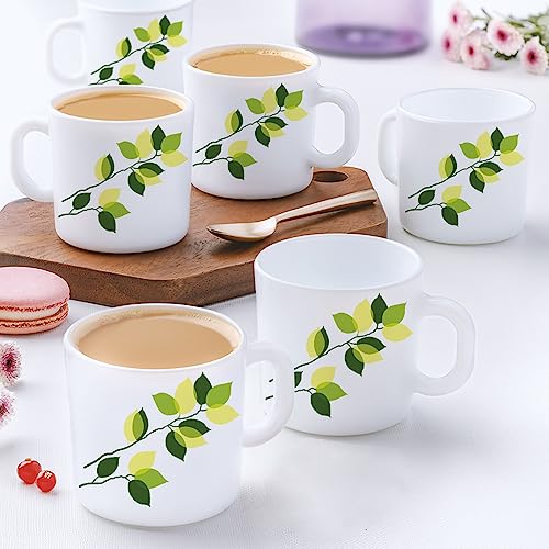 Larah By Borosil Silk Series Green Leaves Opalware Tea/Coffee Mug Set Of 6 Pcs 180 Ml Each | Microwave & Dishwasher Safe, BoneA