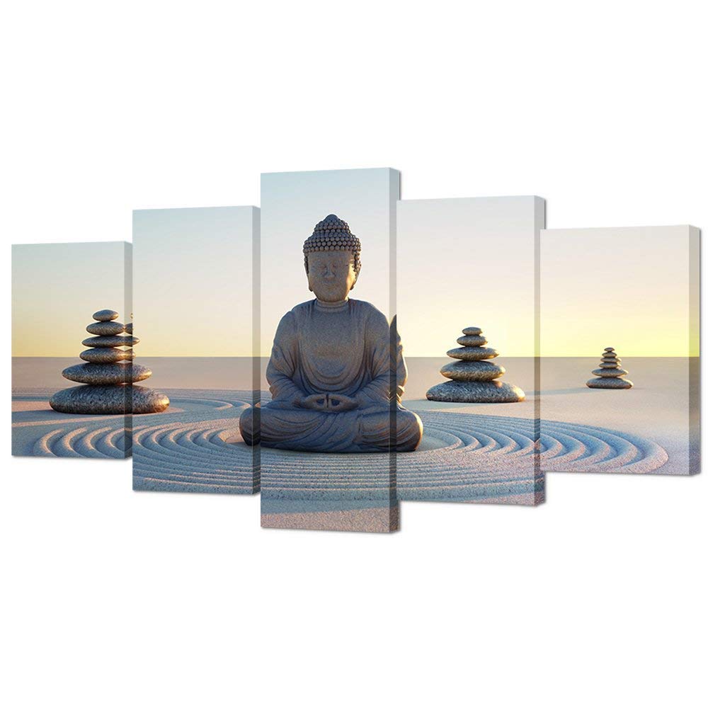 Vvovv Wall Decor - Buddha Canvas Wall Art Poster Paintings Giclee Prints White Sand Zen Stone Pictures Home Decor Modern Zen Pic