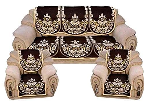 Eleganthomes Cotton Flowered 5 Seater Sofa Cover (Coffee, Brown , Standard)- Set Of 6
