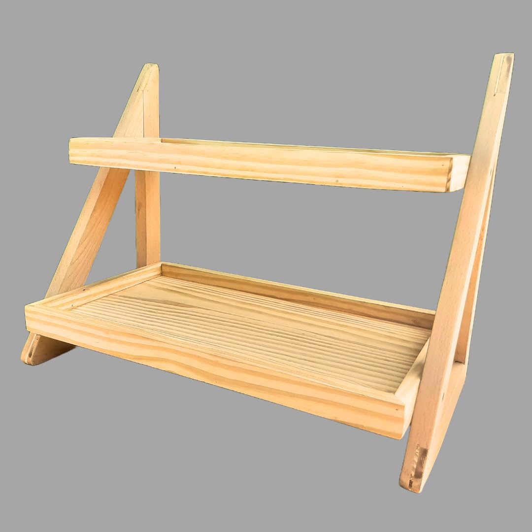 Shy Shy 2Tier Wooden Triangular Multipurpose Storage Rack | Natural Wood Storage Shelf | Kitchen Counter Top Organizer | Jar An