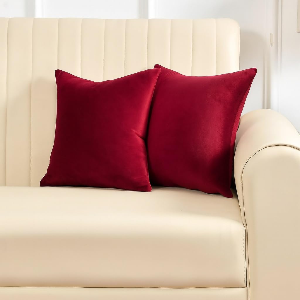 Stuffique Velvet Solid Cushion Covers Decorative Merry Christmas 16 Inch X 16 Inch Set Of 2, Maroon