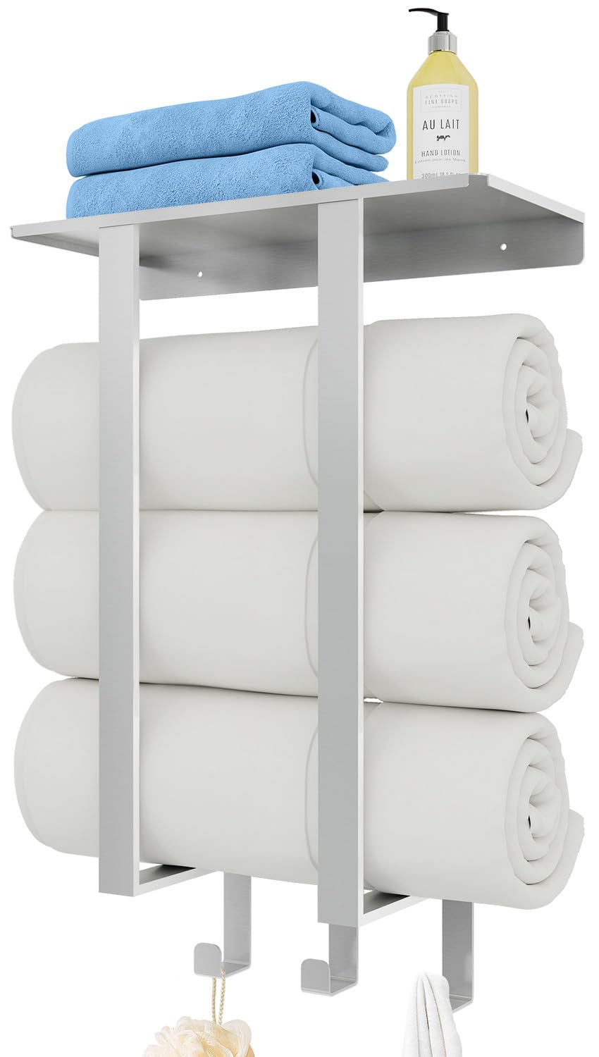 Towel Racks For Bathroom, Bethom Towel Rack Wall Mounted With Shelf & 3 Hooks, Towel Storage For Small Bathroom For Rolled Bath